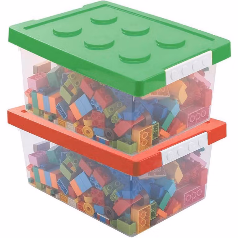 Contenitori per giocattoli con coperchio, 2 pezzi, impilabili, in plastica, colore rosso e verde