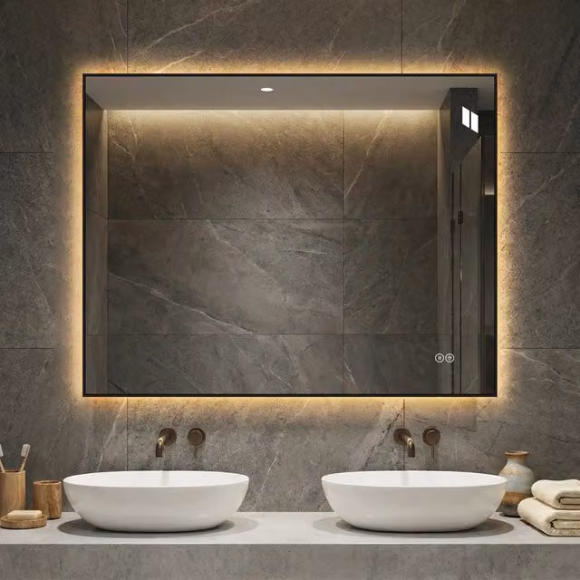Specchio bagno led 70x90 cm retroilluminato antiappannamento con cornice in alluminio; 3 colori luce; argento