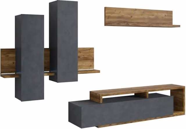 Set mobili da salotto con LED collezione BERGAMO. Colori grigio e rovere scuro.