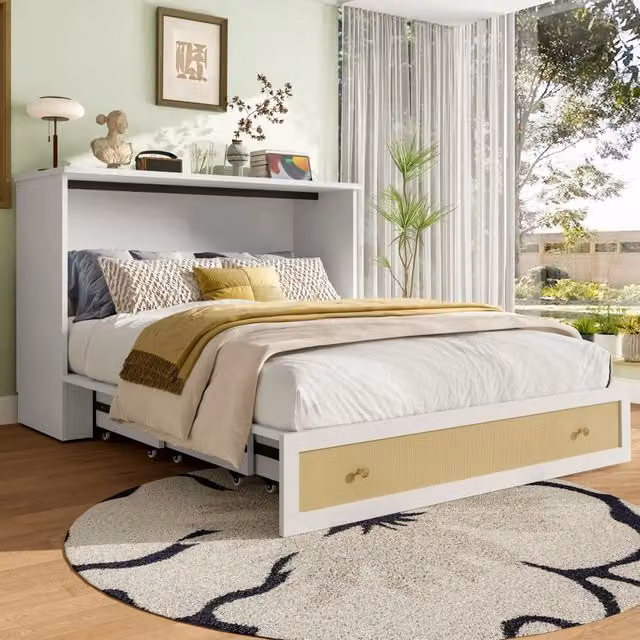 Letto contenitore trasformabile REDOM in MDF bianco con porta USB e mensola integrata L/P: 140 x 200 cm