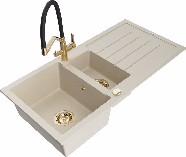Mexen Andres lavello in granito a 1,5 vasche con scolapiatti e rubinetto da cucina Duo, beige - 6515-69-671701-57-G