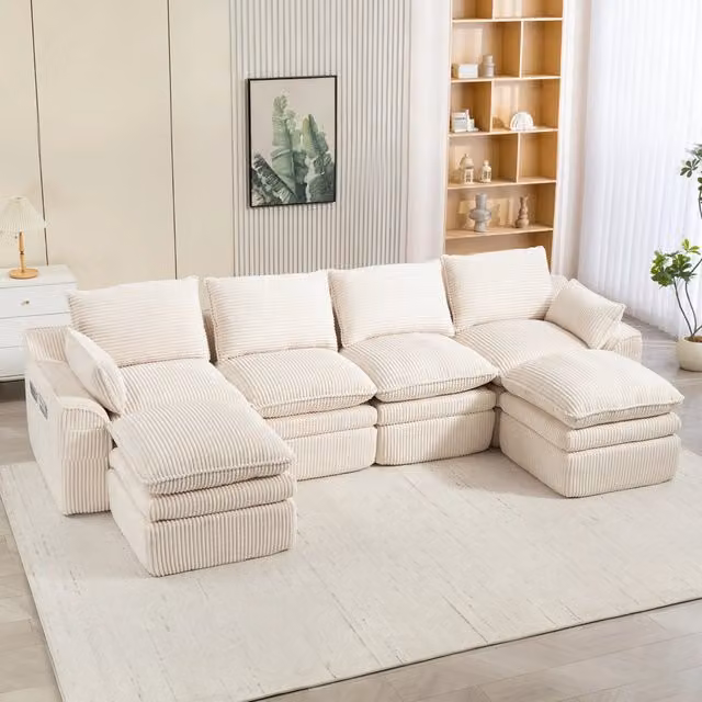 Divano modulare MIVRAY beige in velluto a coste con 2 pouf, cuscini e molle, L/P/H: 335 x 85 x 167 cm