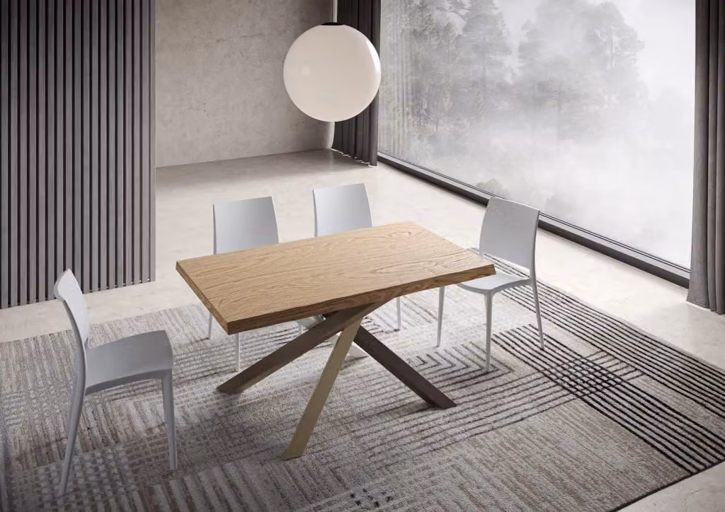 Tavolo allungabile moderno Bs Com in rovere scortecciato con gambe a X in metallo, L/P/H: 90 x 140/190 x 75 cm – 2