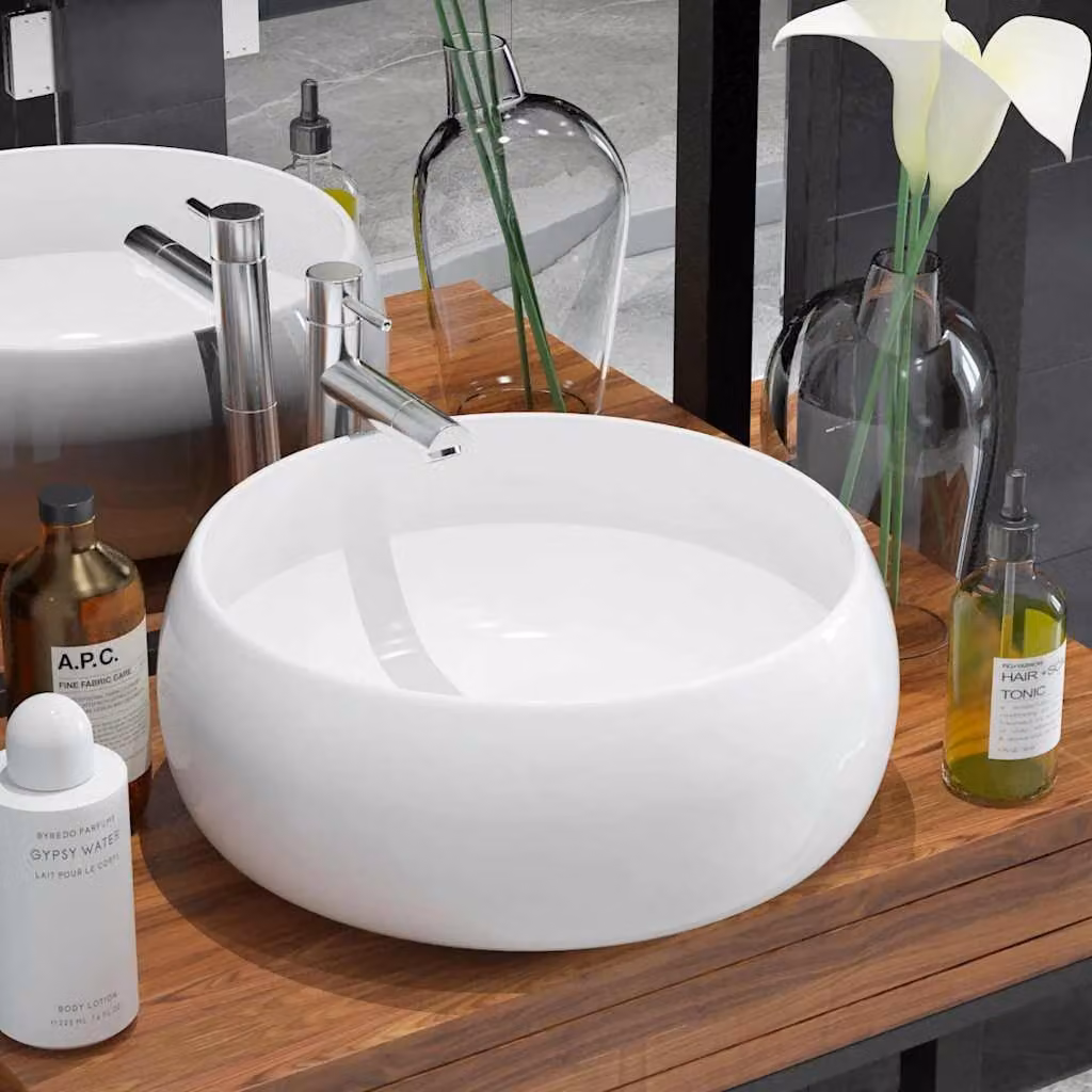 Lavandino rotondo da appoggio vidaXL in ceramica bianca, Diametro: 40 cm, Altezza: 15 cm – 1