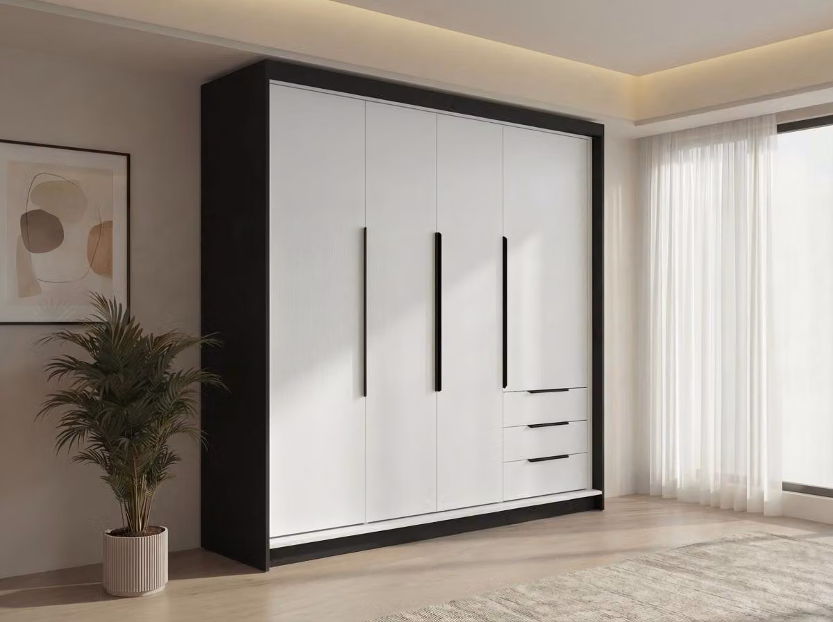 Spazioso armadio a quattro ante KLARI con cassetti e maniglie in metallo – design moderno