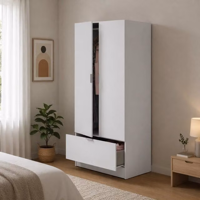 Armadio da camera da letto DMORA Budoia bianco con ante a battente, appendiabiti e cassetti integrati, L: 51 cm, H: 170 cm – 1