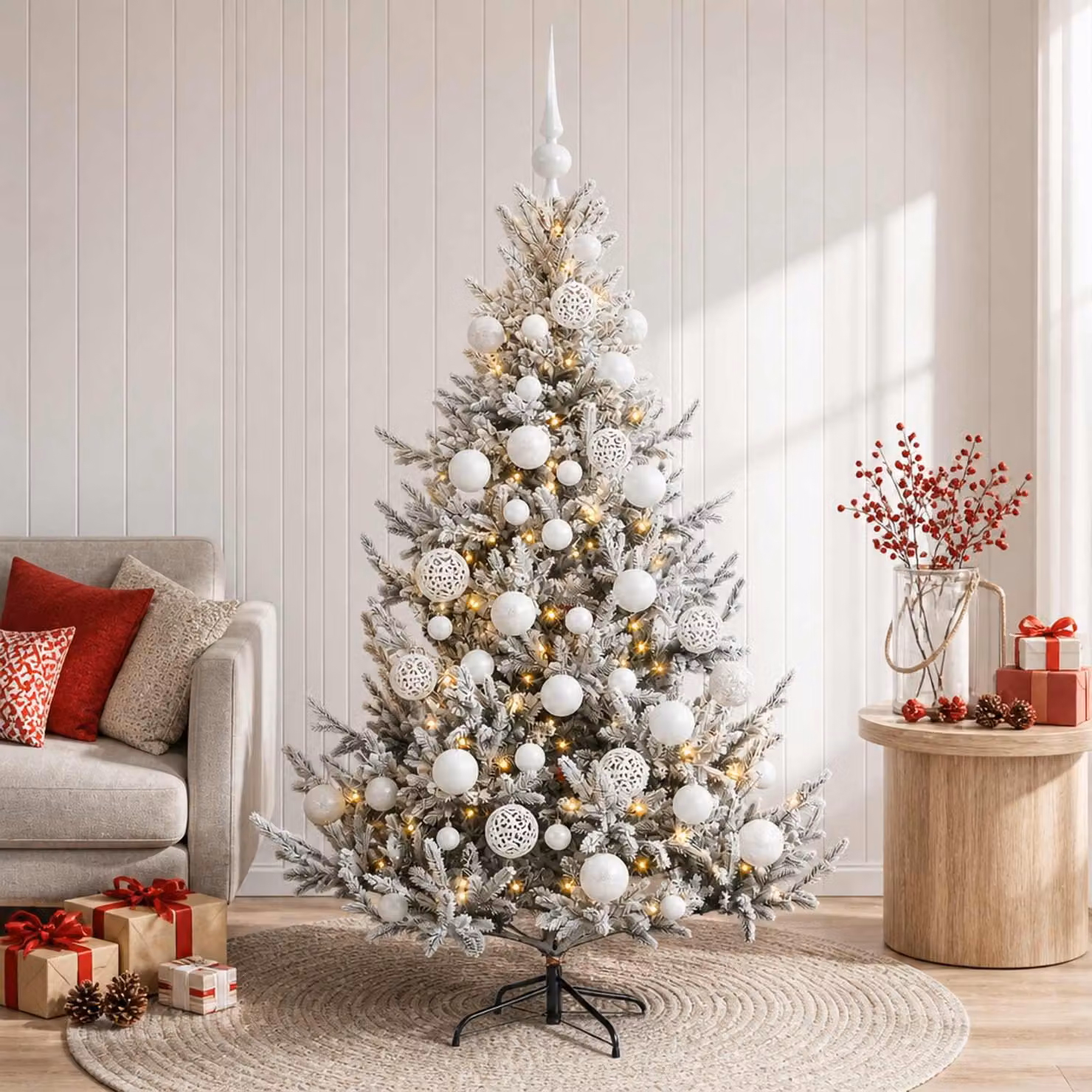 Albero di Natale artificiale con decorazioni natalizie, altezza 150 cm, 150 luci LED