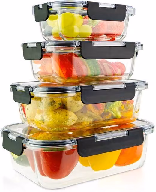 Set di contenitori alimentari 4 in 1 con coperchi in Tritan e vetro premium - Aria stagnante, impermeabile, staccabile. Resistenti a lavastoviglie, congelatore, forno e microonde - Insieme di contenitori per conservazione