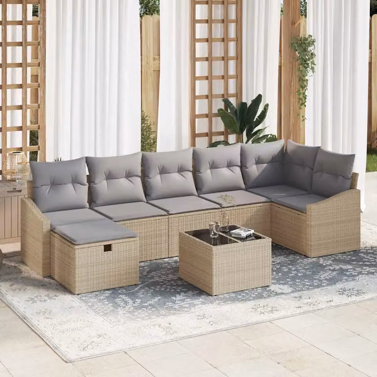 Set di divani da giardino vidaXL 8 pezzi in polyrattan beige con cuscini e contenitore per archiviazione