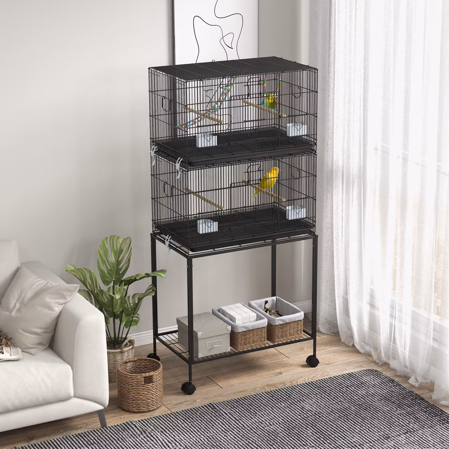 Gabbia per uccelli PawHut in acciaio e PP con design impilabile, posatoi, altalene e scalette, Nero, L: 46 cm, P: 77 cm, H: 164 cm – 2