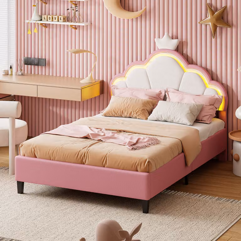 Letto imbottito ProximaX 140x200 cm con rete a doghe, letto per bambini con testiera a forma di , letto per ragazzi/letto matrimoniale con LED, letto da principessa in velluto, letto in legno