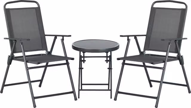 Set da giardino Outsunny composto da 2 sedie e 1 tavolino da caffè in metallo e vetro, colore grigio antracite, Sedie H 93 x L 53,5 x P 64 cm, Tavolino Ø 45 x H 50 cm