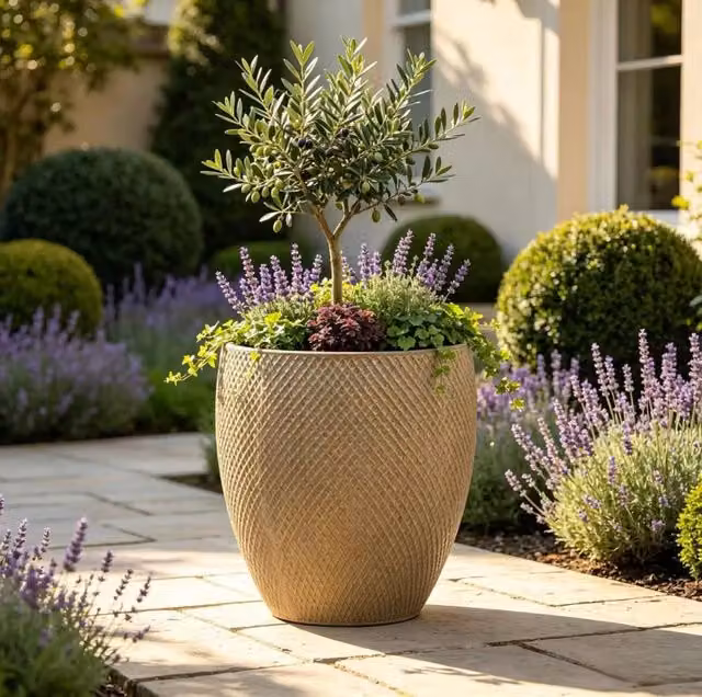 Vaso grande in ceramica beige Ø46 x 53 cm con drenaggio per interno e esterno