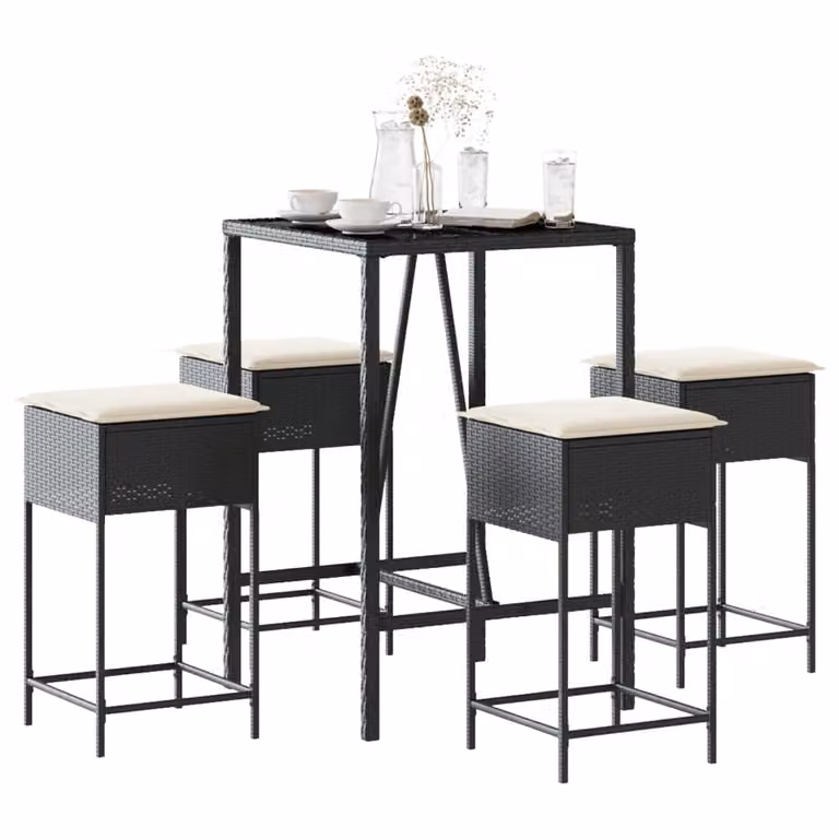 Set Bar da Giardino vidaXL in Polyrattan Nero con 5 Pezzi e Cuscini