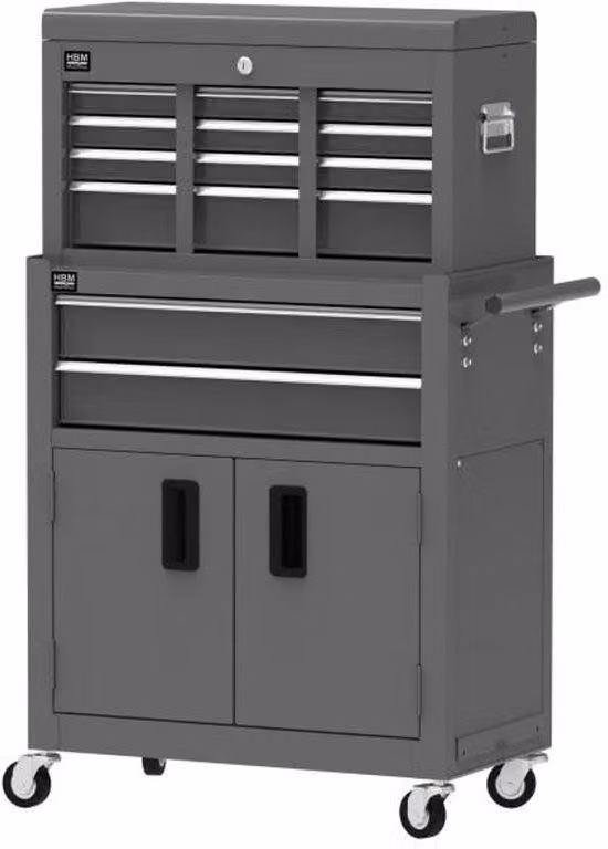 Armadio da officina - carrello porta attrezzi 2 pezzi, 8 cassetti, grigio - HBM, premium, Paesi Bassi
