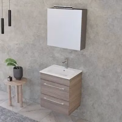 Mobile bagno sospeso Smart in legno olmo marrone con lavabo e specchio contenitore con illuminazione LED – 1