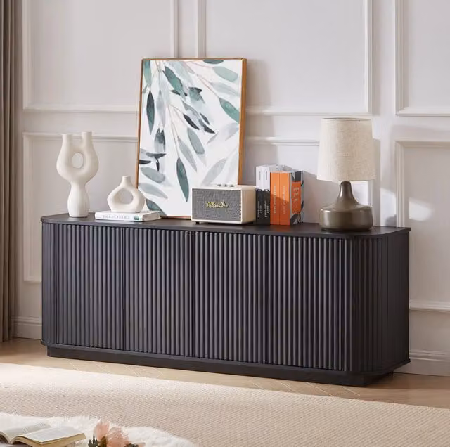 Credenza moderna con motivo ondulato; 4 ante; 162;5x38x61 cm; MDF nero