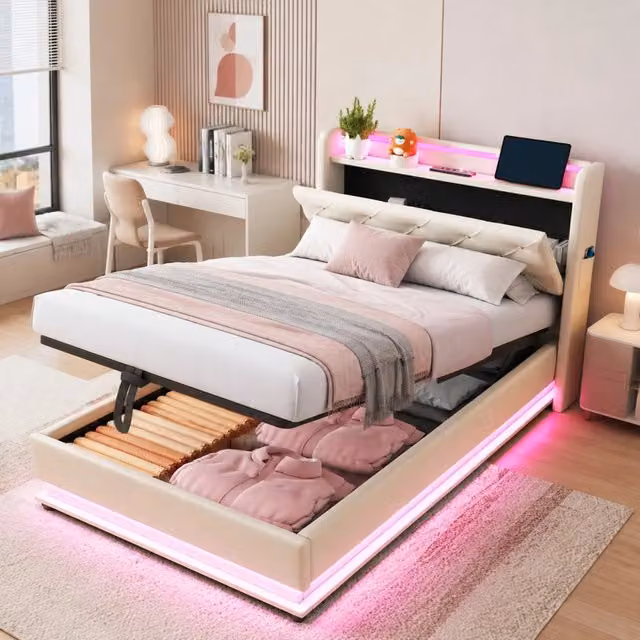 Letto singolo con contenitore Mivray in lino beige con illuminazione LED, porte USB e Type-C, L/P/H: 90 x 200 x 108 cm