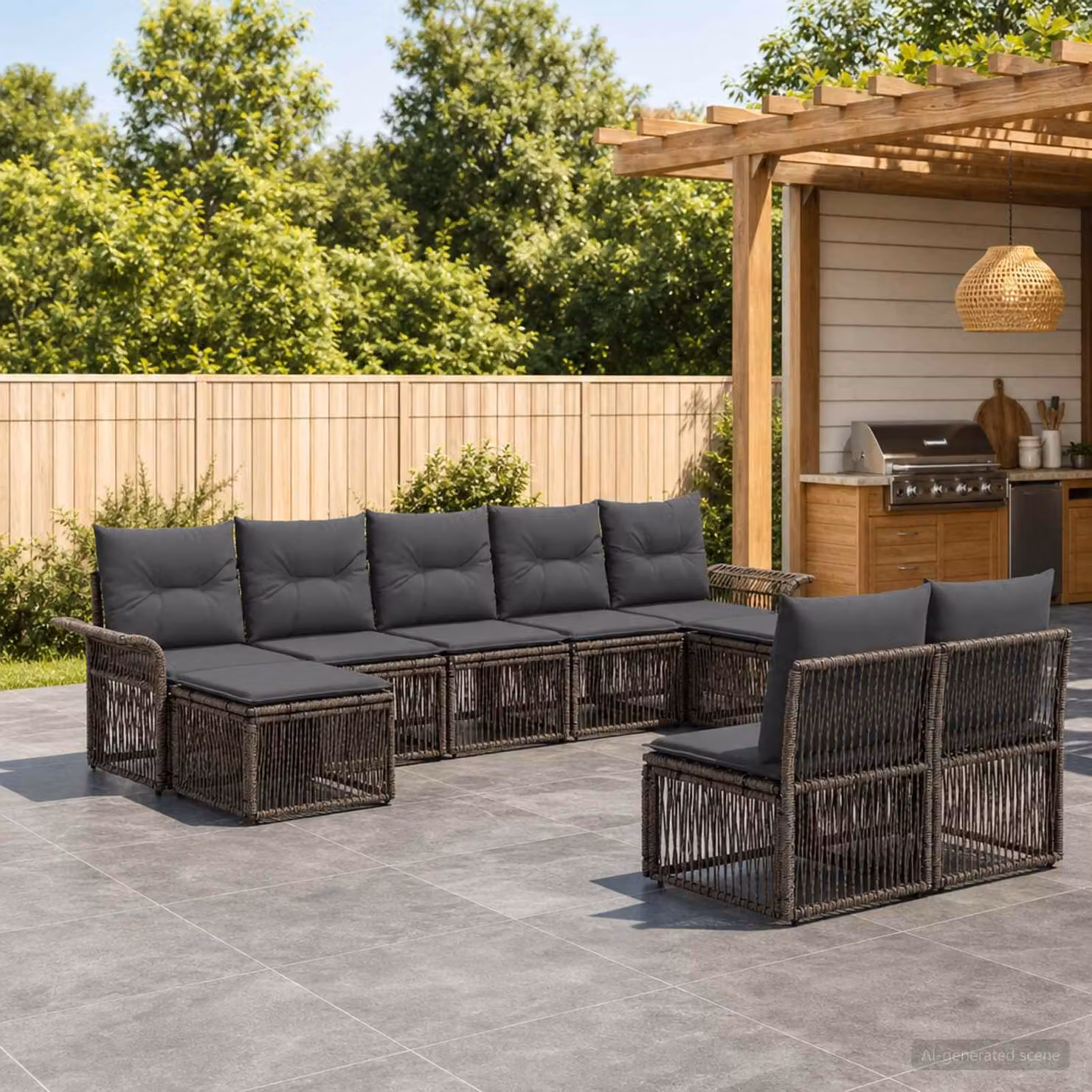Set Divano da Giardino vidaXL 9 pz Grigio con Cuscini e Struttura in Metallo e Polyrattan a Forma a U