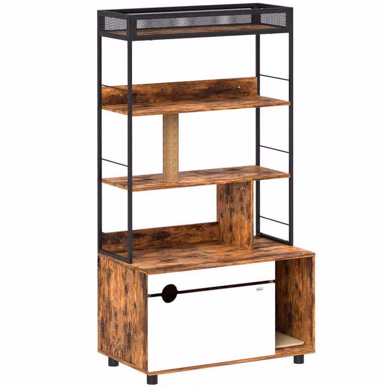 Fortuna Lai Armadio 2 in 1 per lettiera, lettiera con ripiano a 3 livelli, tiragraffi, sportello ribaltabile, cuccia per gatti di peso inferiore a 6 kg, 80 x 48 x 152 cm, marrone rustico