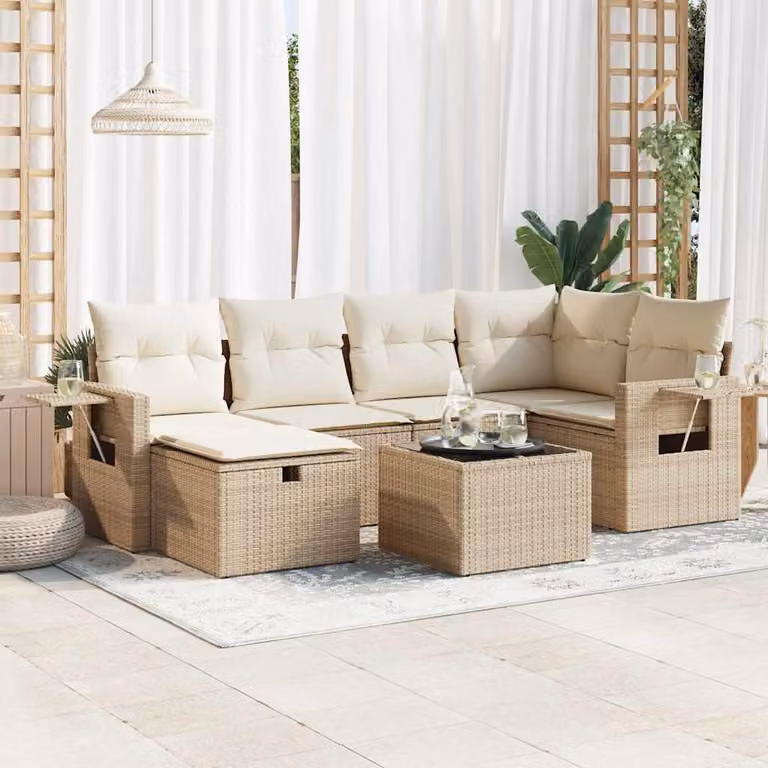 Set da giardino vidaXL in polyrattan 7 pezzi con cuscini beige e tavolino in vetro