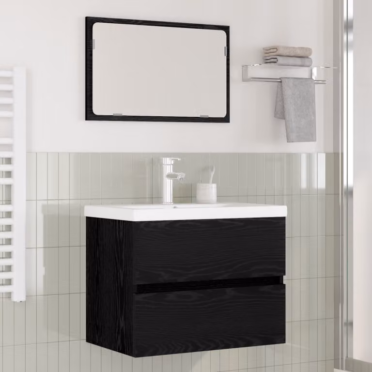 Set di mobili per il bagno moderno vidaXL in 3 pezzi color rovere e nero con mobile lavabo e armadietto specchio
