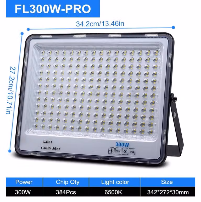 Faretto LED da esterno - 300W PRO - Tecnologia SMD 2835 - 220 V AC - Angolo di illuminazione 180° - Grado di protezione IP66 (resistente all'acqua) - Corpo in alluminio