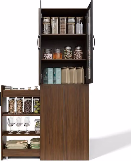 Mobile Dispensa Slim 60x30x180 cm Nero e Legno con 2 Ante in Vetro e Carrello Estraibile a 4 Livelli