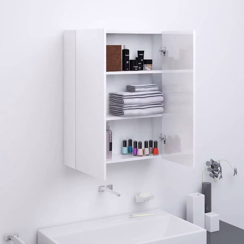Armadietto a specchio da bagno vidaXL moderno in MDF bianco lucido con ante in vetro, L: 60 cm, P: 15 cm, H: 75 cm