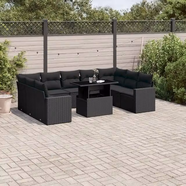 Set da Giardino Moderno vidaXL in Polyrattan Nero con Cuscini e Tavolino da 10 Pezzi