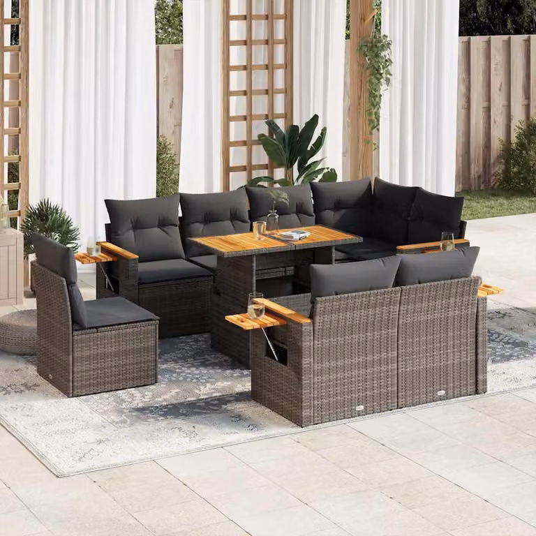Set Divano da Giardino vidaXL 9 Pezzi in Polyrattan e Legno di Acacia Grigio con Cuscini e Tavolino da Esterno