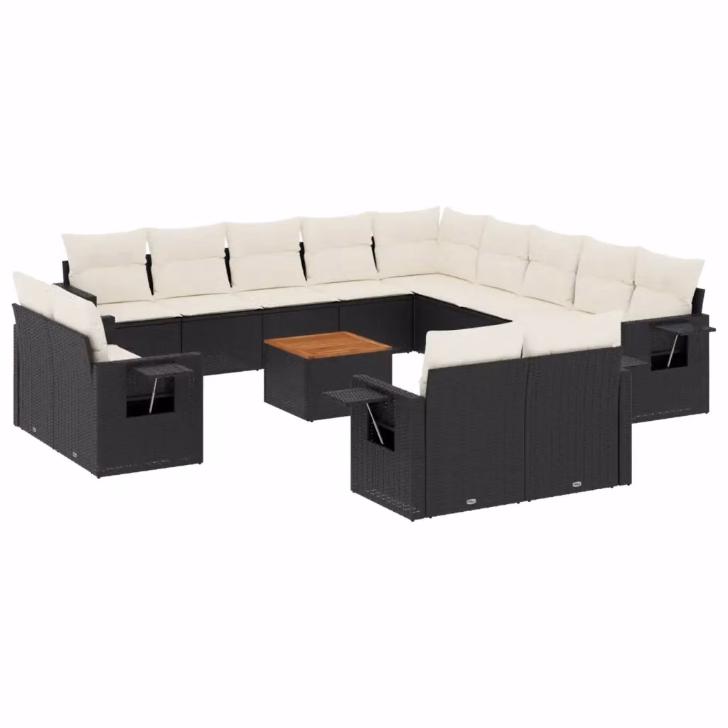 Set da giardino moderno vidaXL composto da 14 pezzi con poltrona lounge, elementi angolari, tavolino da caffè e cuscini bianchi in polyrattan e struttura in metallo nero – 2