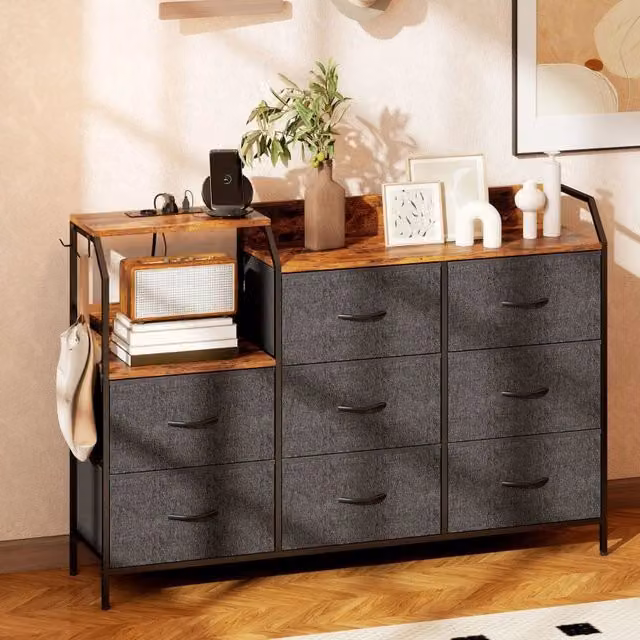 Cassettiera REDOM in stile industrial con 8 cassetti, colore marrone e nero, L/P/H: 100 x 39 x 25 cm