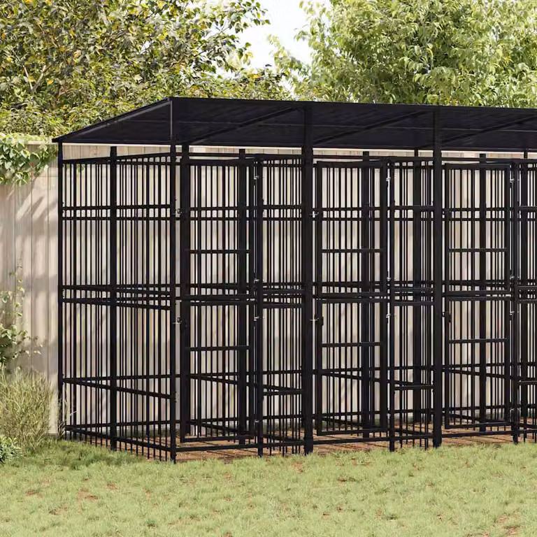 vidaXL Gabbia per Cani da Esterno con Tetto in Acciaio, Colore Nero, Metallo