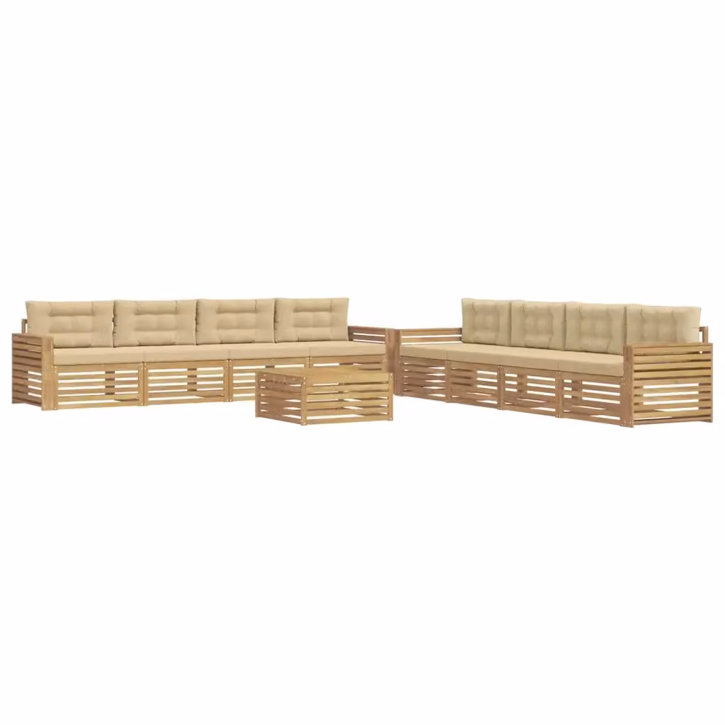 Set di divani da esterno a forma di U vidaXL in legno di acacia con tavolino e cuscini, Bianco e Beige – 2
