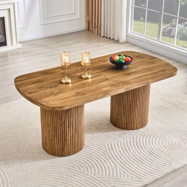 Tavolo da pranzo ovale in MDF effetto legno con doppio basamento scanalato per 6-8 persone