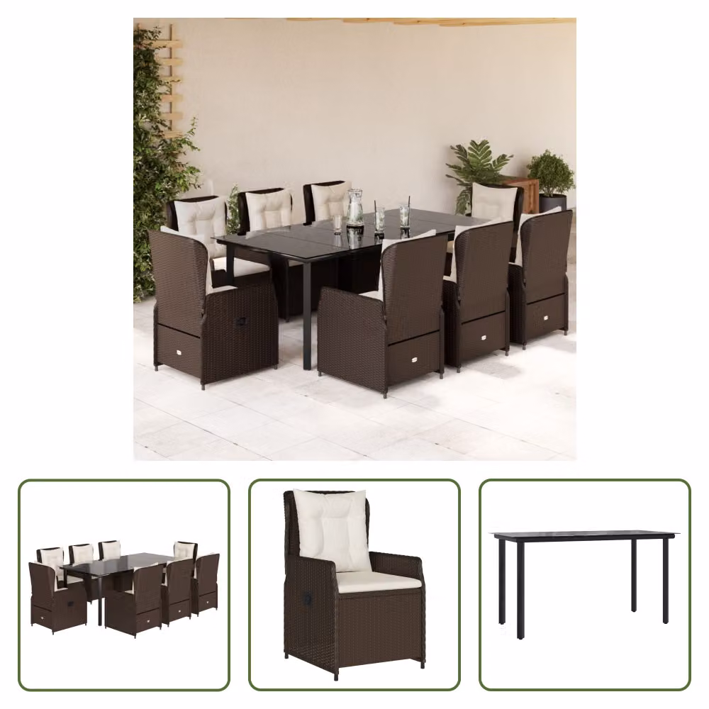 The Living Store Set da pranzo da giardino 9 pezzi con cuscini in polirattan marrone