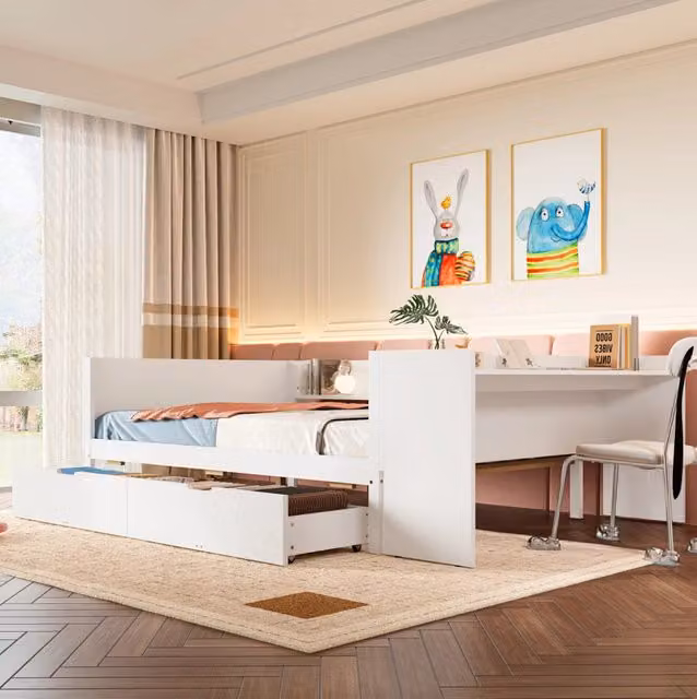 Letto 140x200 cm con scrivania; cassetti e ripiani in legno bianco