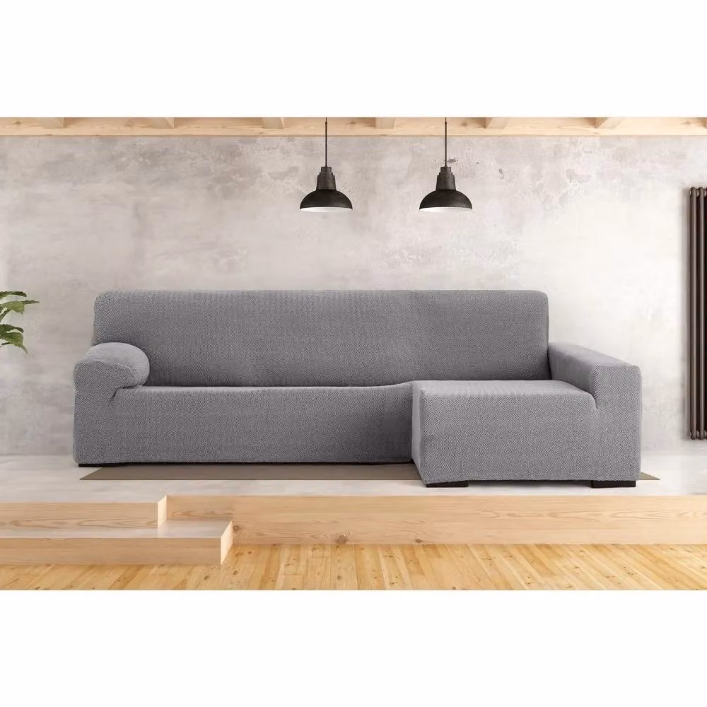 Copridivano elastico Troya per divano con penisola a destra, grigio, bracciolo lungo, misura 250-310 cm – 2