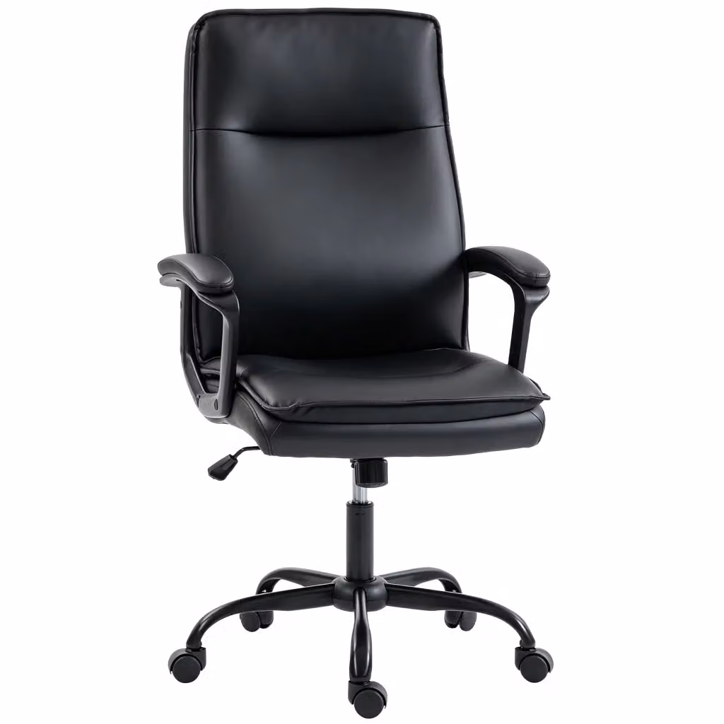 Sedia da ufficio ergonomica moderna in ecopelle nera con schienale curvo, cuscino a doppio strato e base in metallo – 2
