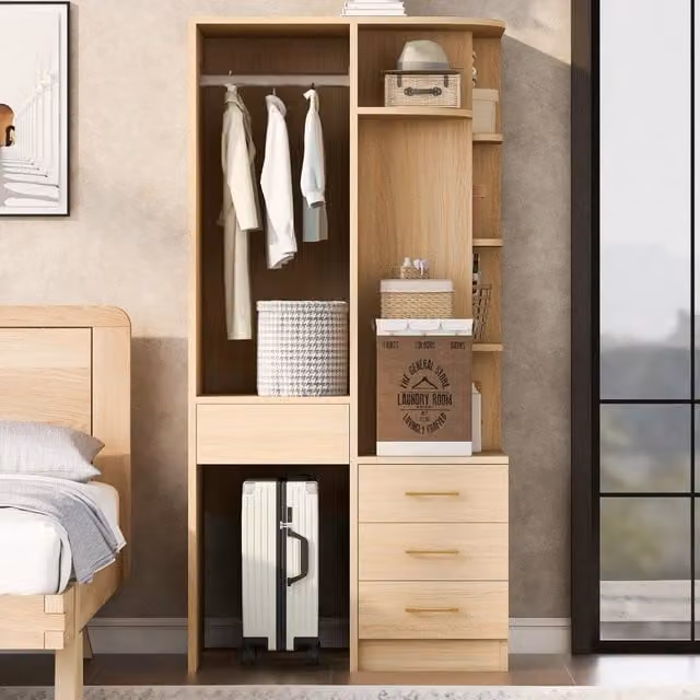 Armadio 1 anta con 3 cassetti e vano appendiabiti a giorno con ripiani aperti in MDF colore legno 70 × 55 × 175 cm