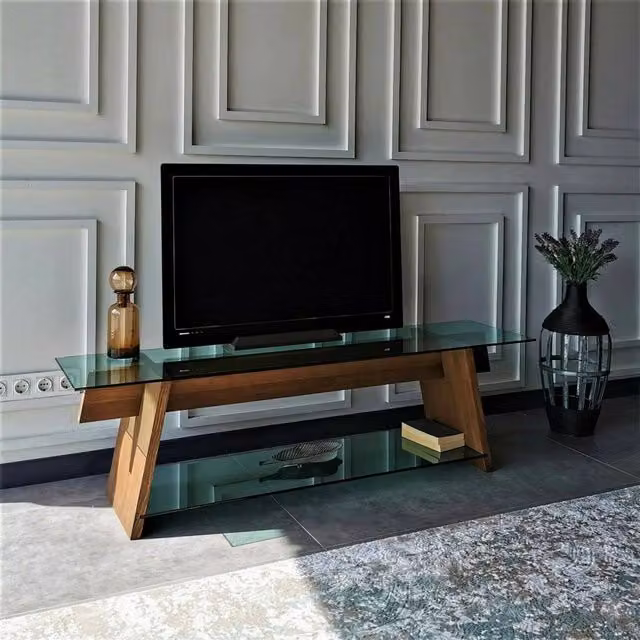 Mobile porta TV Amorosi DMORA, Credenza da soggiorno moderna in legno e vetro, Noce e Verde, L: 158 cm, P: 40 cm, H: 45 cm – 1