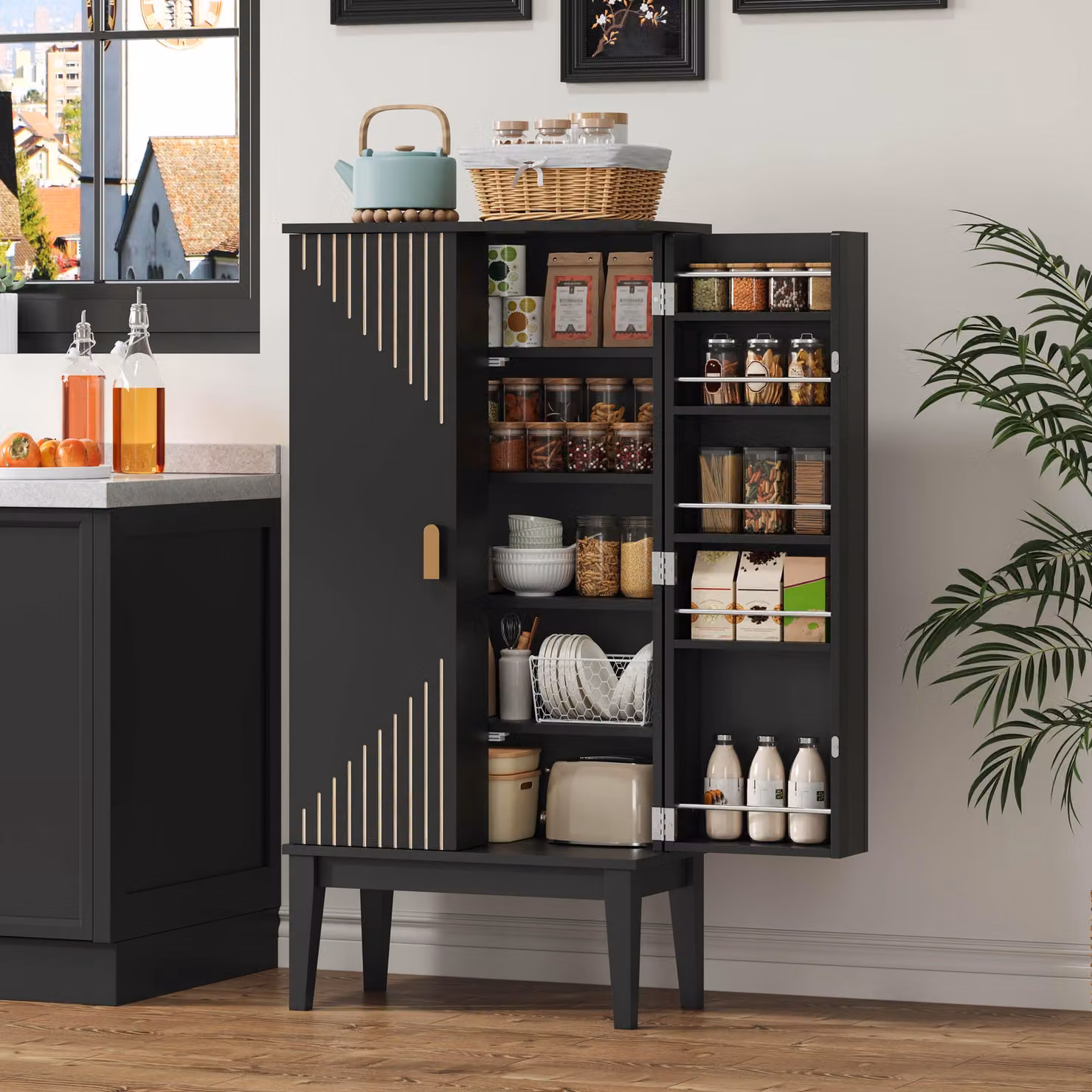 Mobiletto da cucina STILVORA, dimensioni compatte 120x59x30 cm, armadietto contenitore con 2 ante e 5 scomparti, mobiletto contenitore per cucina, sala da pranzo, soggiorno o ingresso, in stile vintage, colore nero