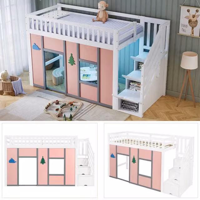 Letto rialzato per bambini 90x200 cm con scala contenitore; area gioco e LED; bianco e rosa