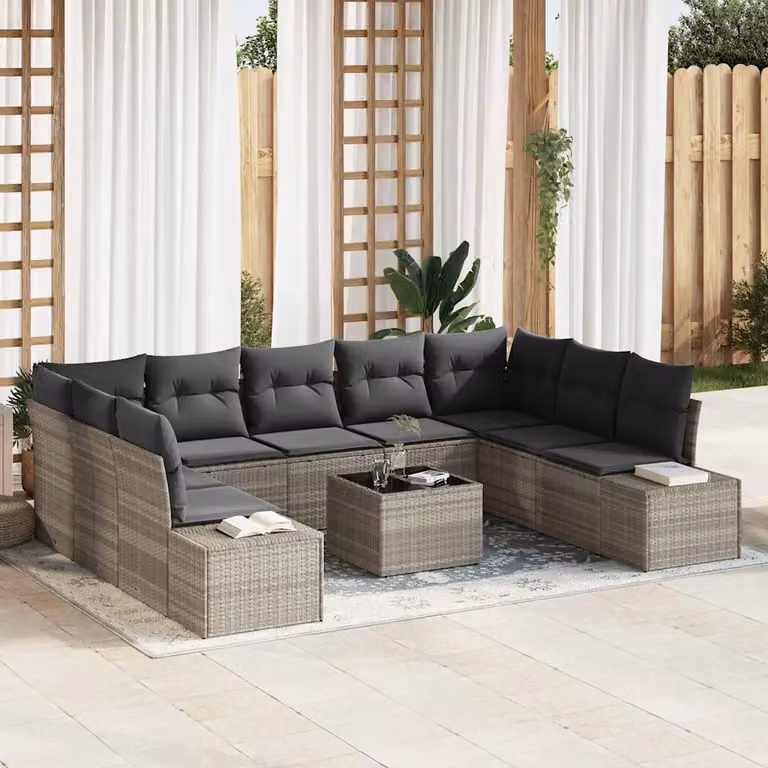 Set Divano da Giardino vidaXL 10 Pezzi Grigio con Tavolino e Cuscini in Polyrattan e Metallo