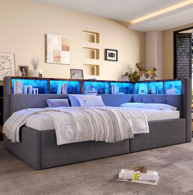 Daybed 90x200 cm grigio con LED, USB-C, vano idraulico e contenitori