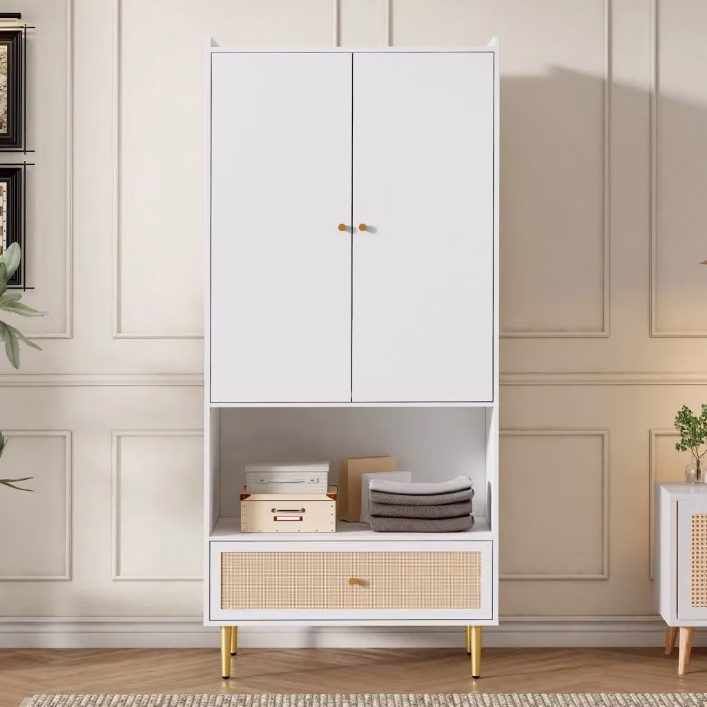 Armadio Chicfurn per camera da letto con 2 ante in rattan e 1 cassetto, barra appendiabiti e ripiano aperto, Bianco e Beige, L: 80 cm, P: 48 cm, H: 175 cm – 2