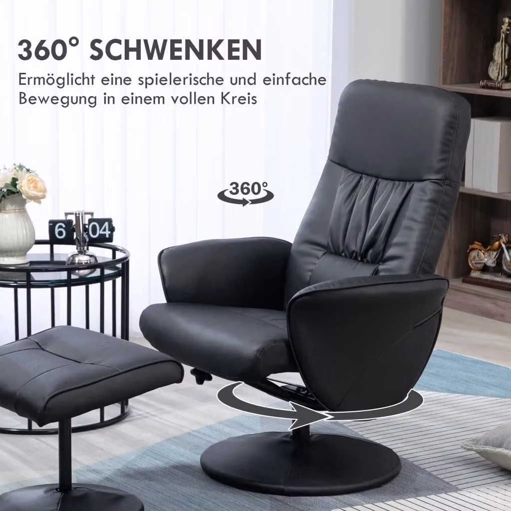 Set di 2 Poltrone Reclinabili con Pouf REDOM in Finta Pelle Nera con Struttura in Metallo e Sedia Girevole a 360 Gradi – 2