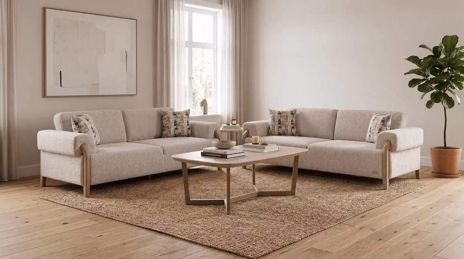 Set moderno per soggiorno, composto da un divano a tre posti e un divano a tre posti, con un elegante tavolino da caffè