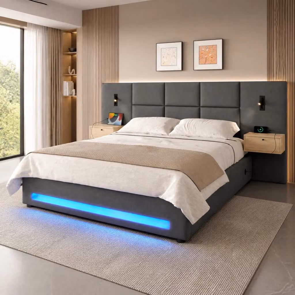 Letto Contenitore REDOM in Velluto Grigio con Porta USB-C e Illuminazione LED L/P: 180 x 200 cm – 2